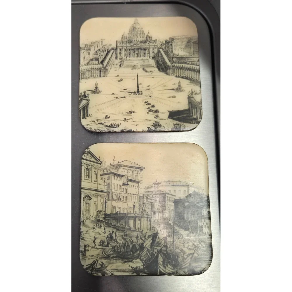 Vintage‎ Rome Italy Architectural Etching Coasters Set of 7 Red Backing Landmark